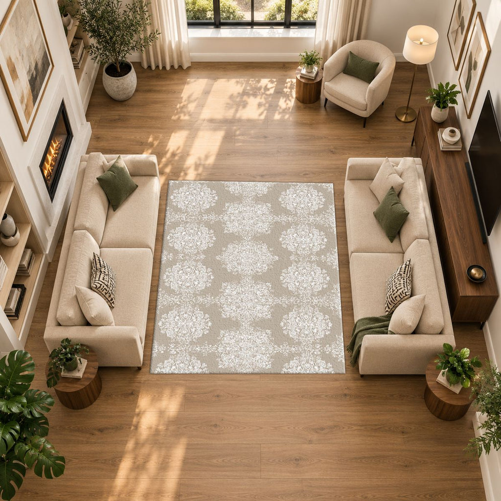 Taupe Tonal Damask printed area rug