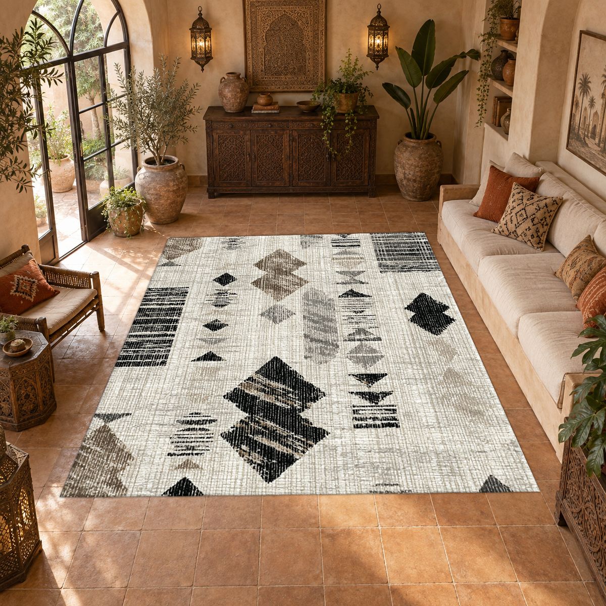 Cream and Black Abstract Ikat printed area rug