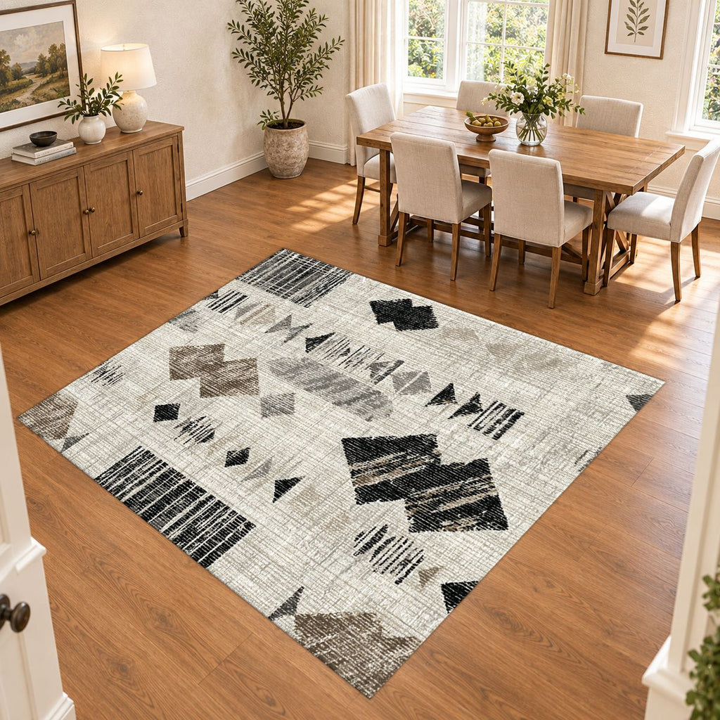 Cream and Black Abstract Ikat printed area rug