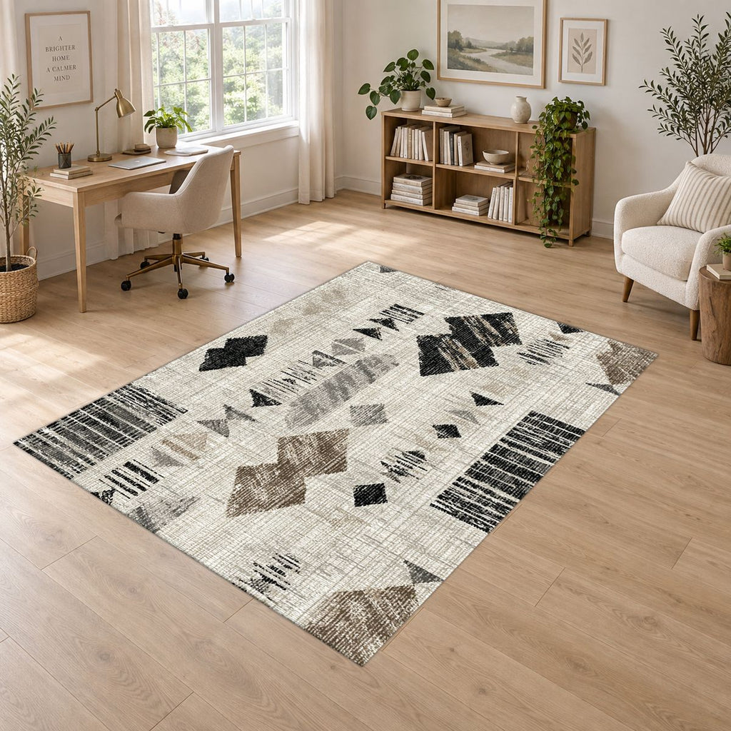Cream and Black Abstract Ikat printed area rug