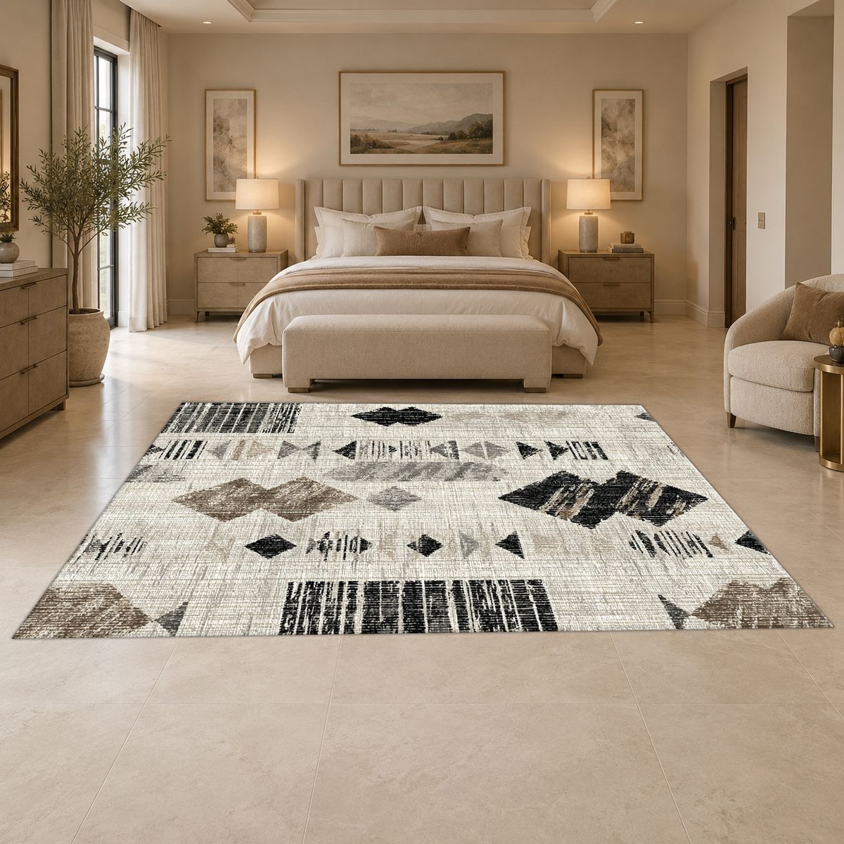 Cream and Black Abstract Ikat printed area rug