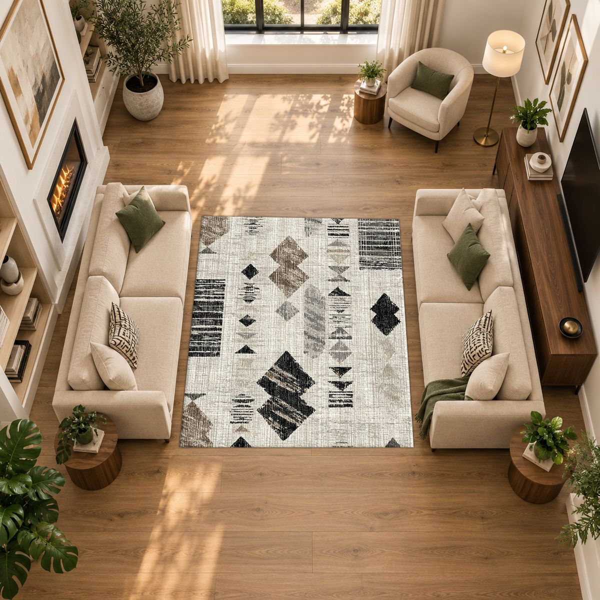 Cream and Black Abstract Ikat printed area rug