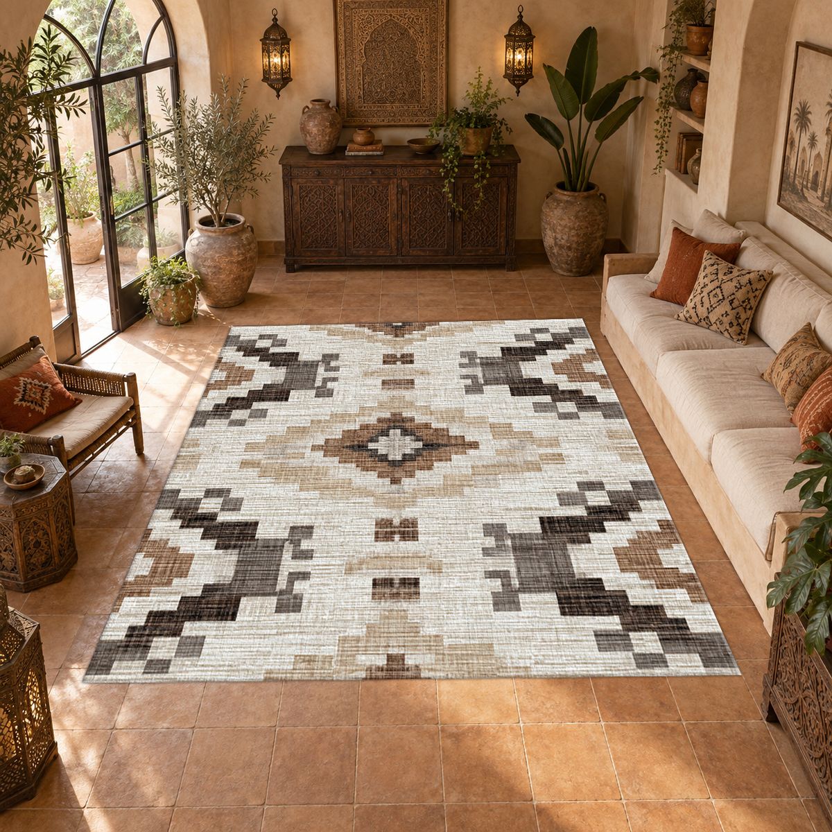 Cream and Brown Aztec Pattern printed area rug