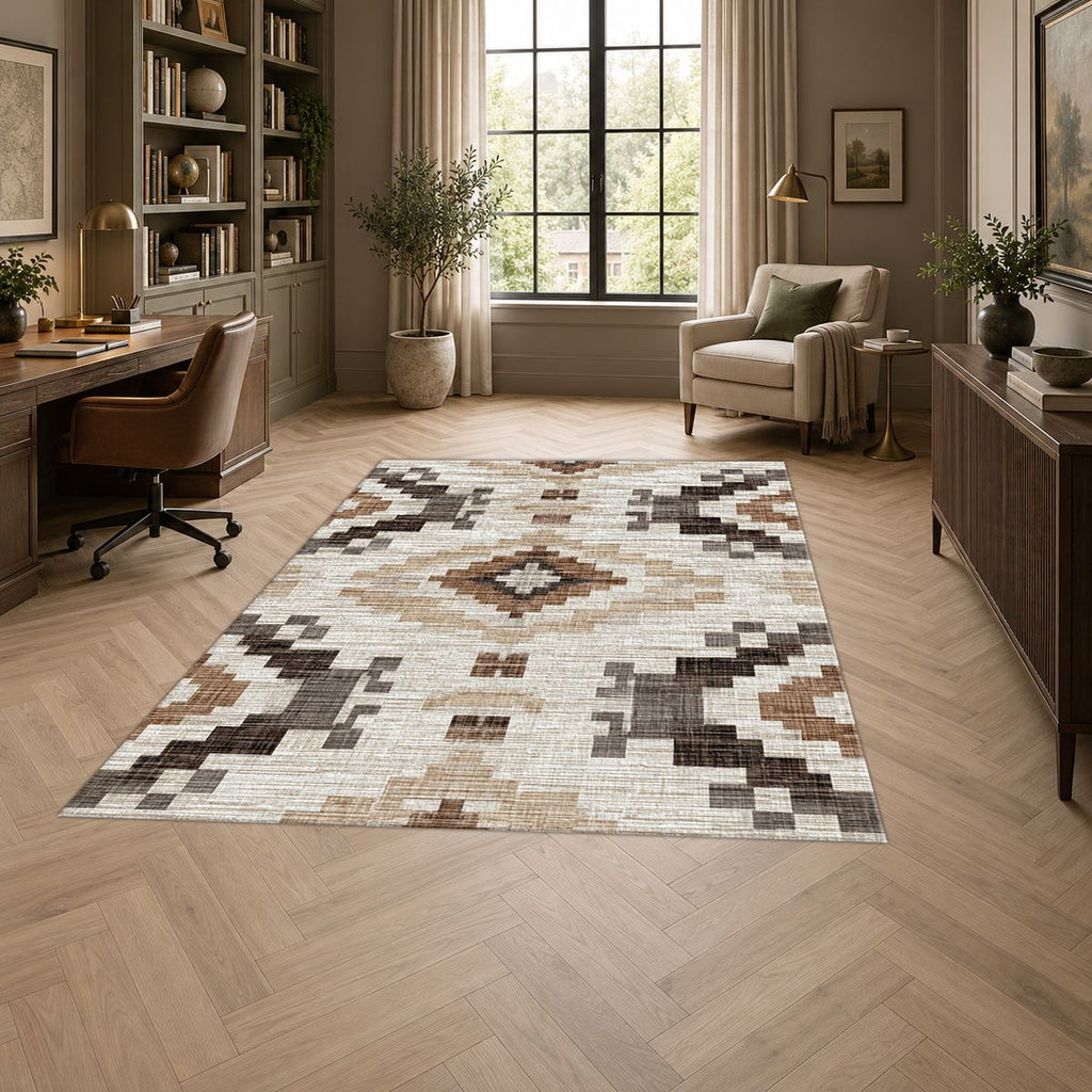 Cream and Brown Aztec Pattern printed area rug