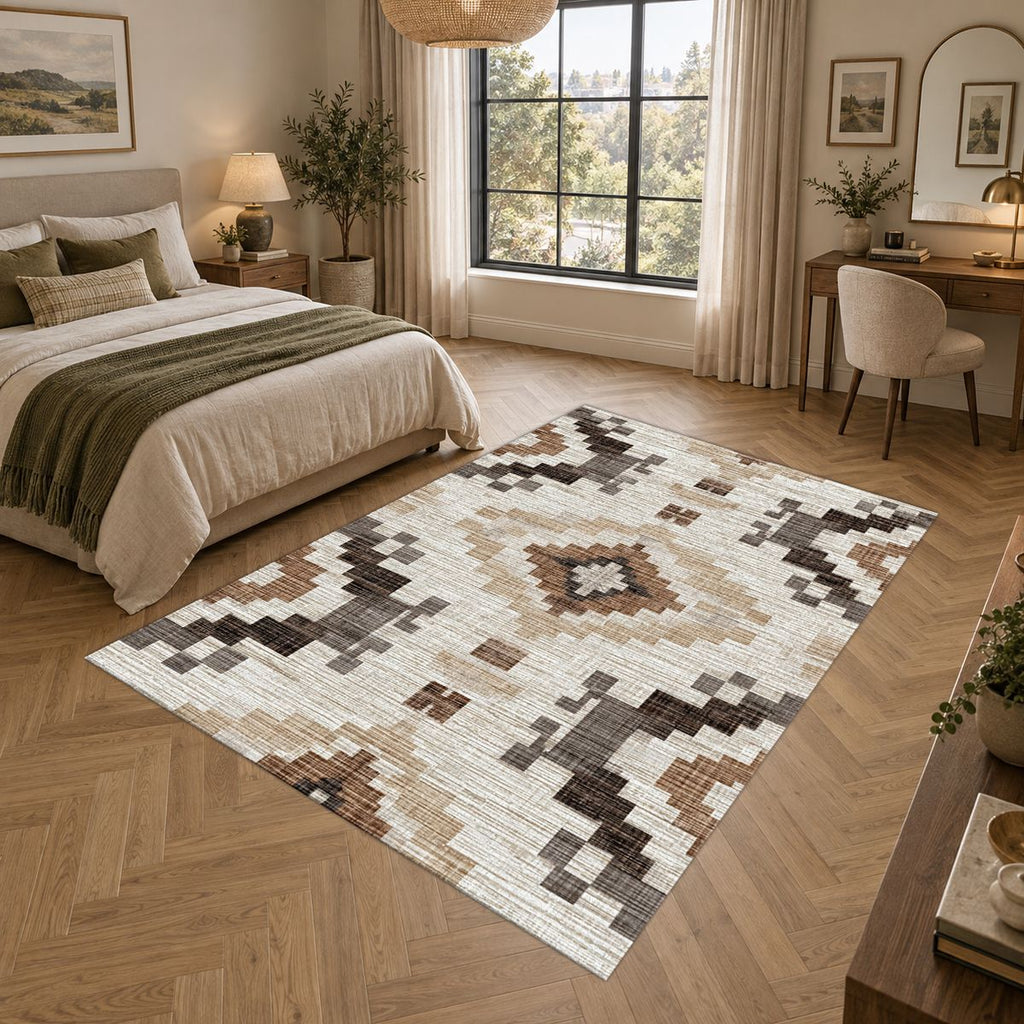 Cream and Brown Aztec Pattern printed area rug