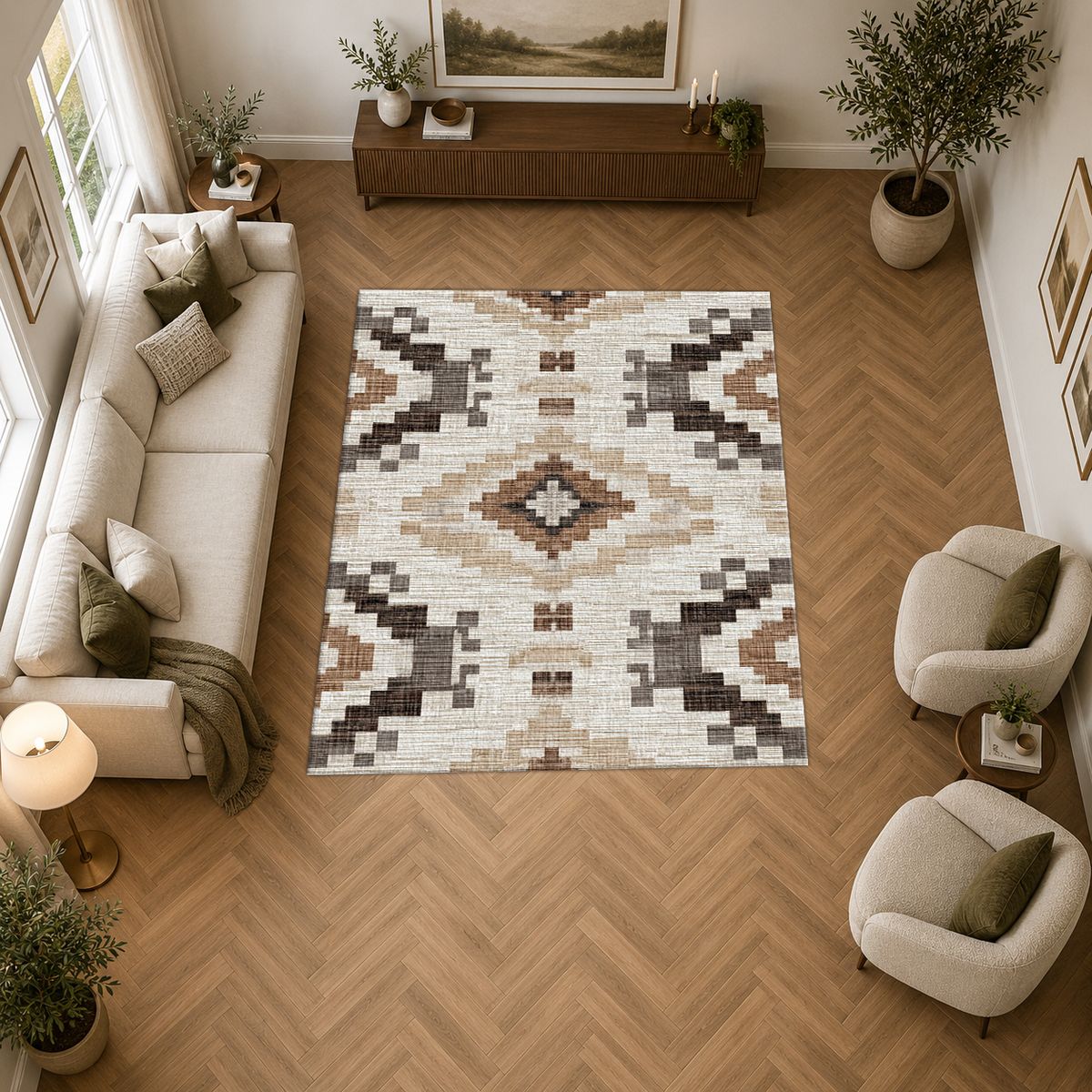 Cream and Brown Aztec Pattern printed area rug