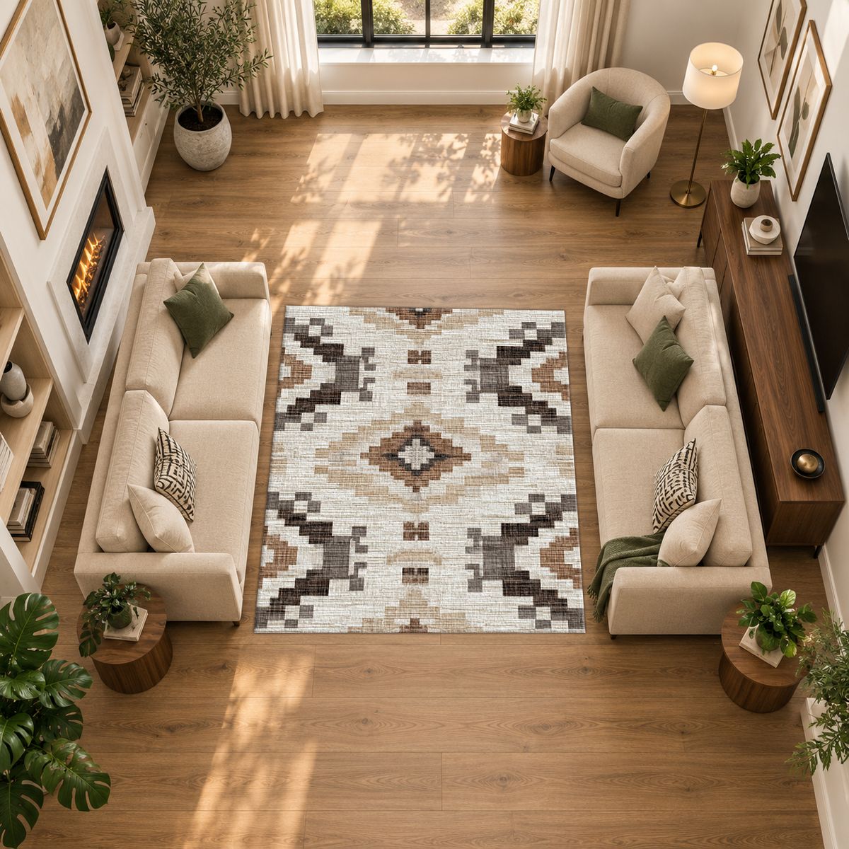 Cream and Brown Aztec Pattern printed area rug