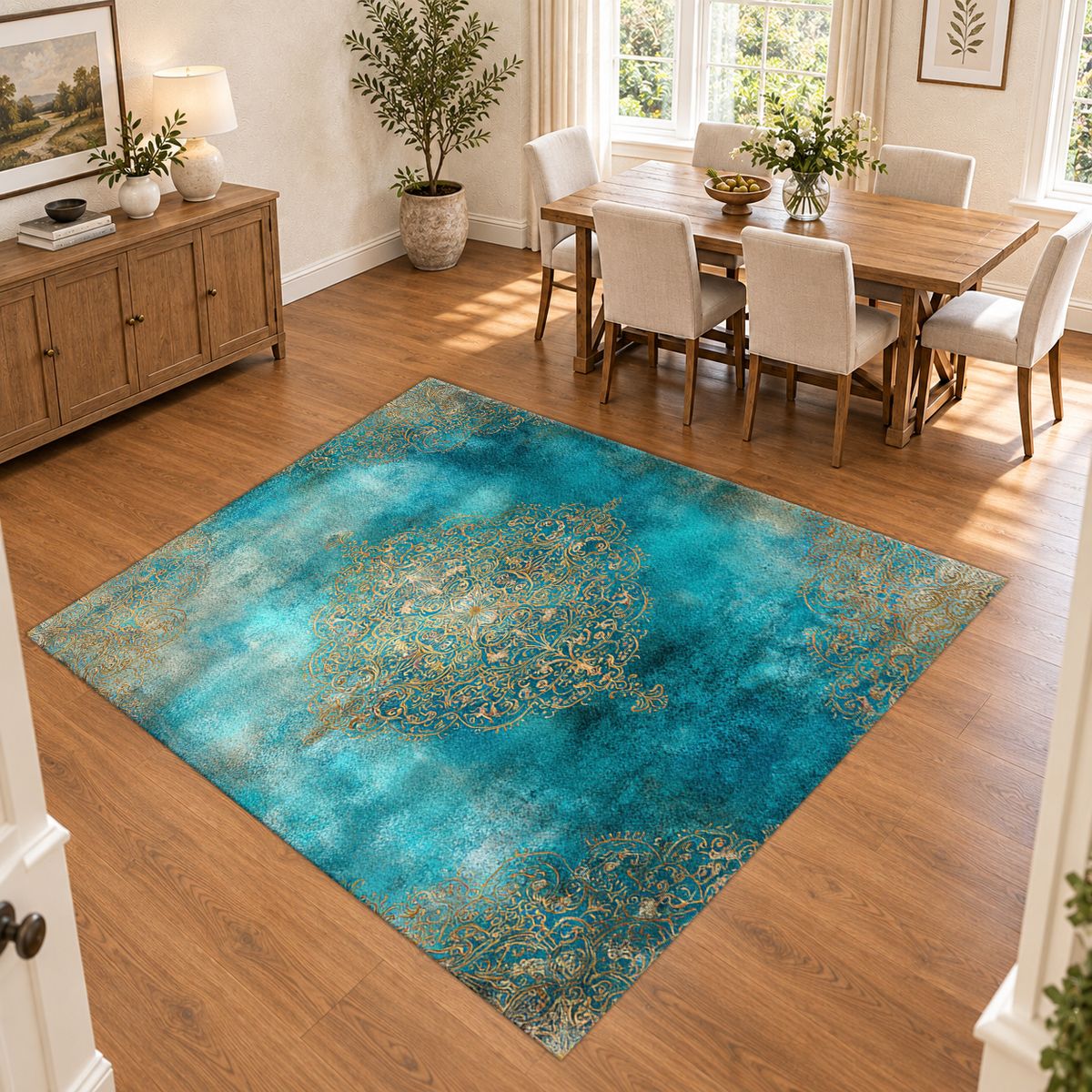 Turquoise Watercolor Gold Medallion printed area rug
