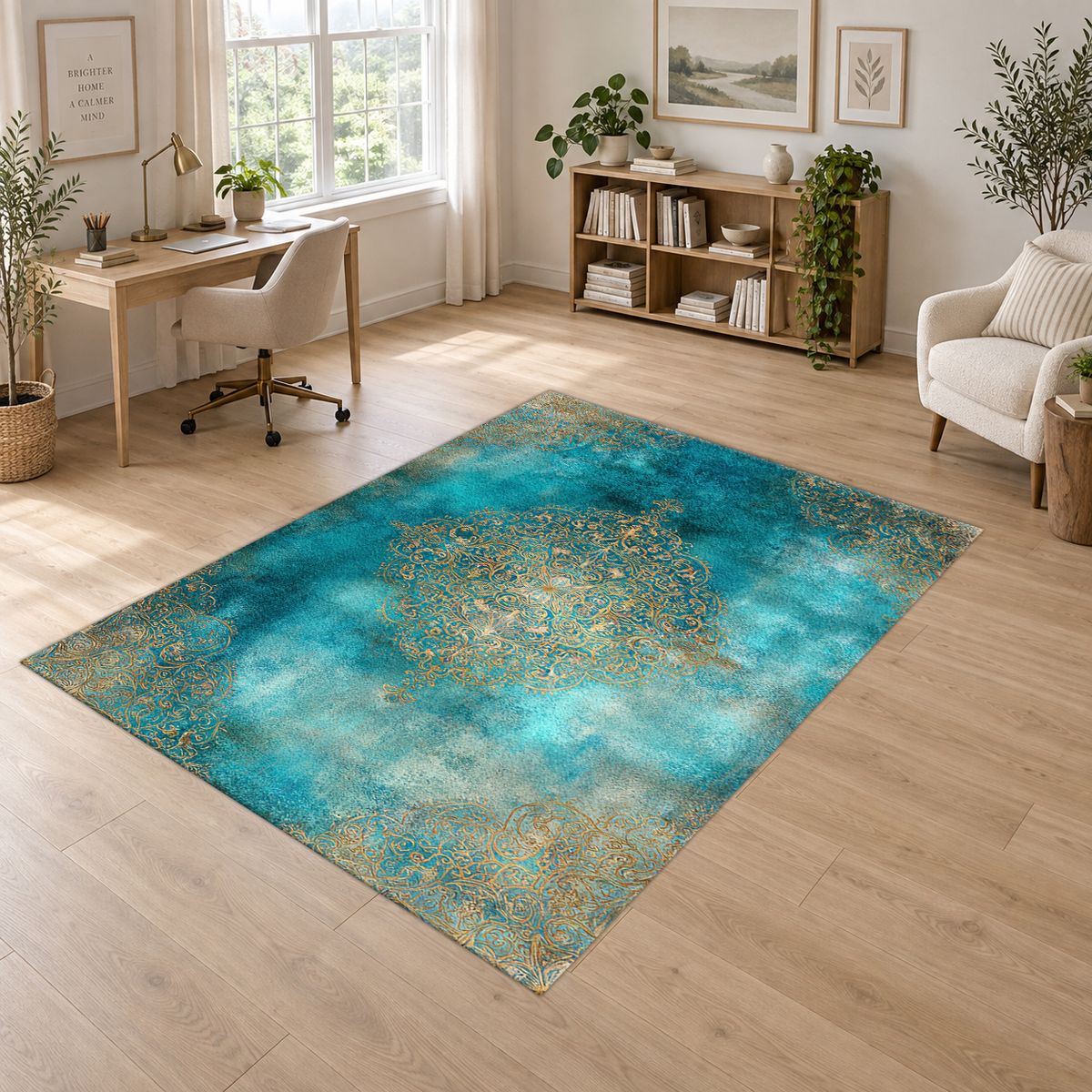Turquoise Watercolor Gold Medallion printed area rug