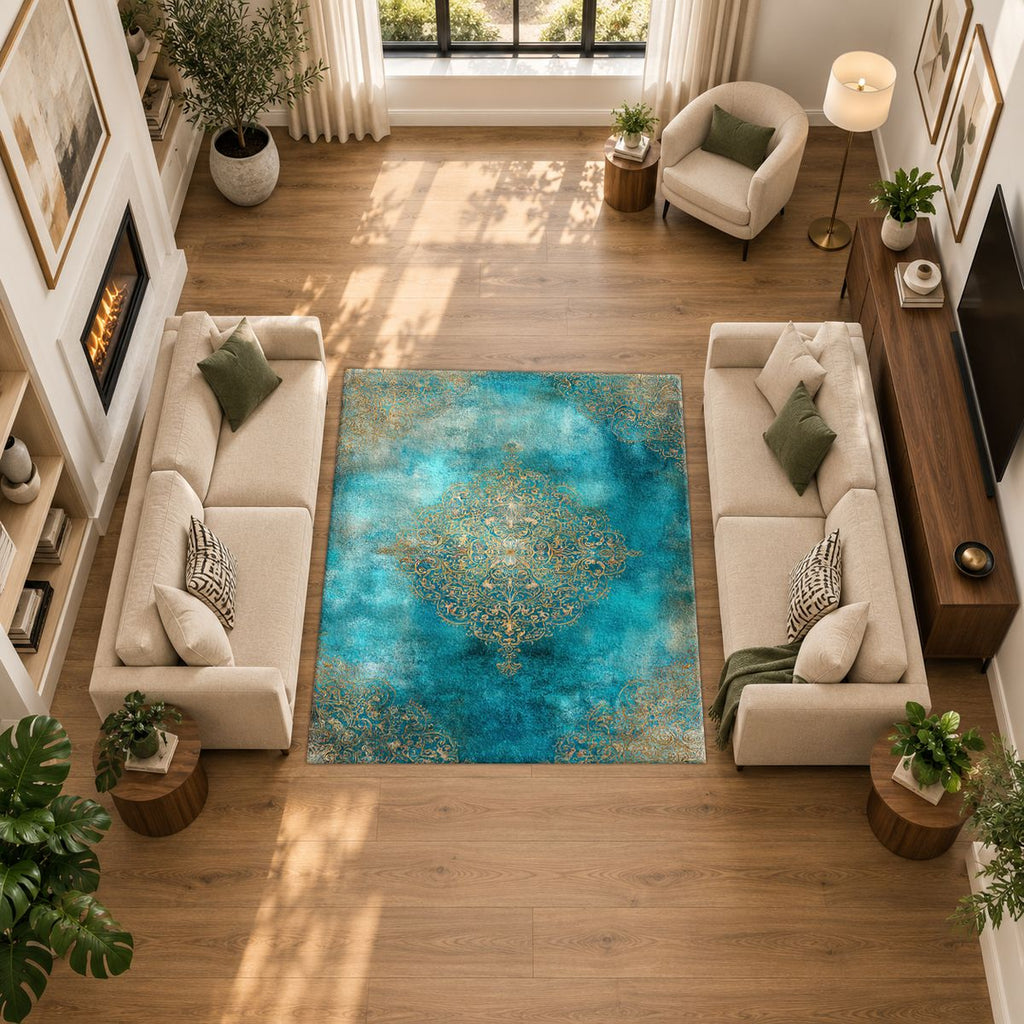 Turquoise Watercolor Gold Medallion printed area rug