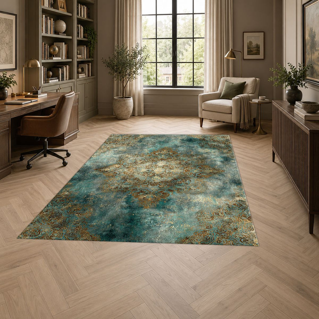 Teal and Gold Distressed Medallion printed area rug