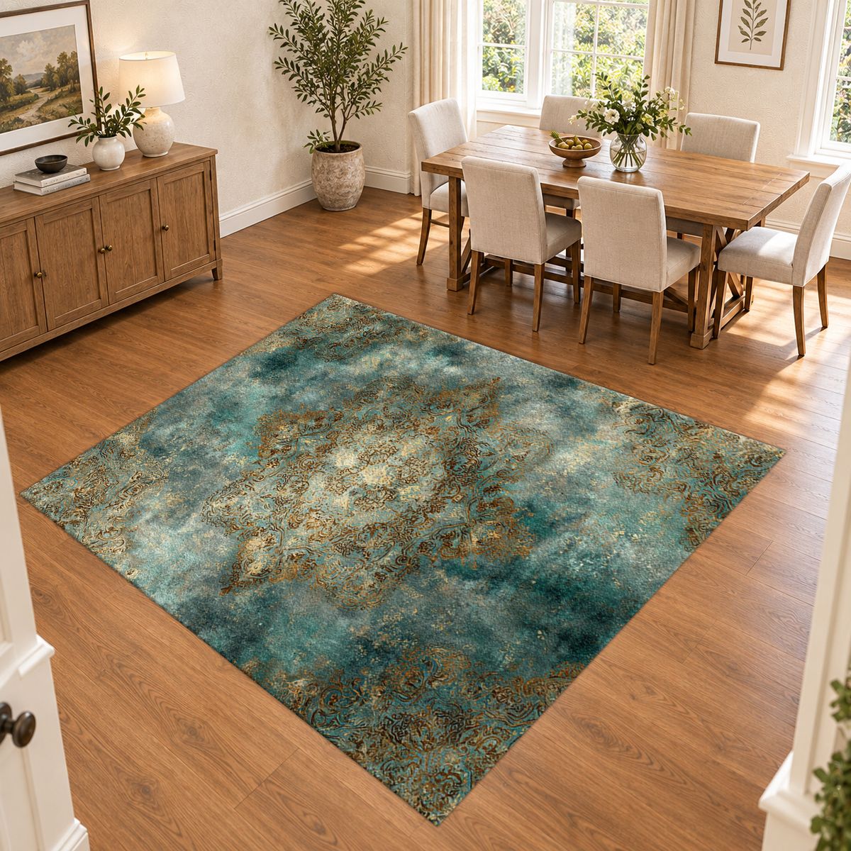 Teal and Gold Distressed Medallion printed area rug
