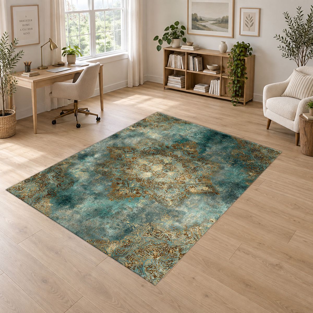 Teal and Gold Distressed Medallion printed area rug