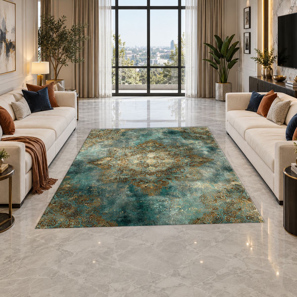 Teal and Gold Distressed Medallion printed area rug