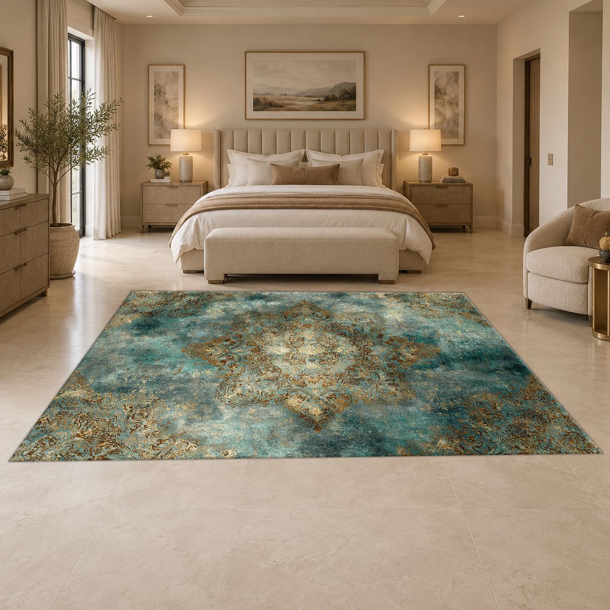 Teal and Gold Distressed Medallion printed area rug