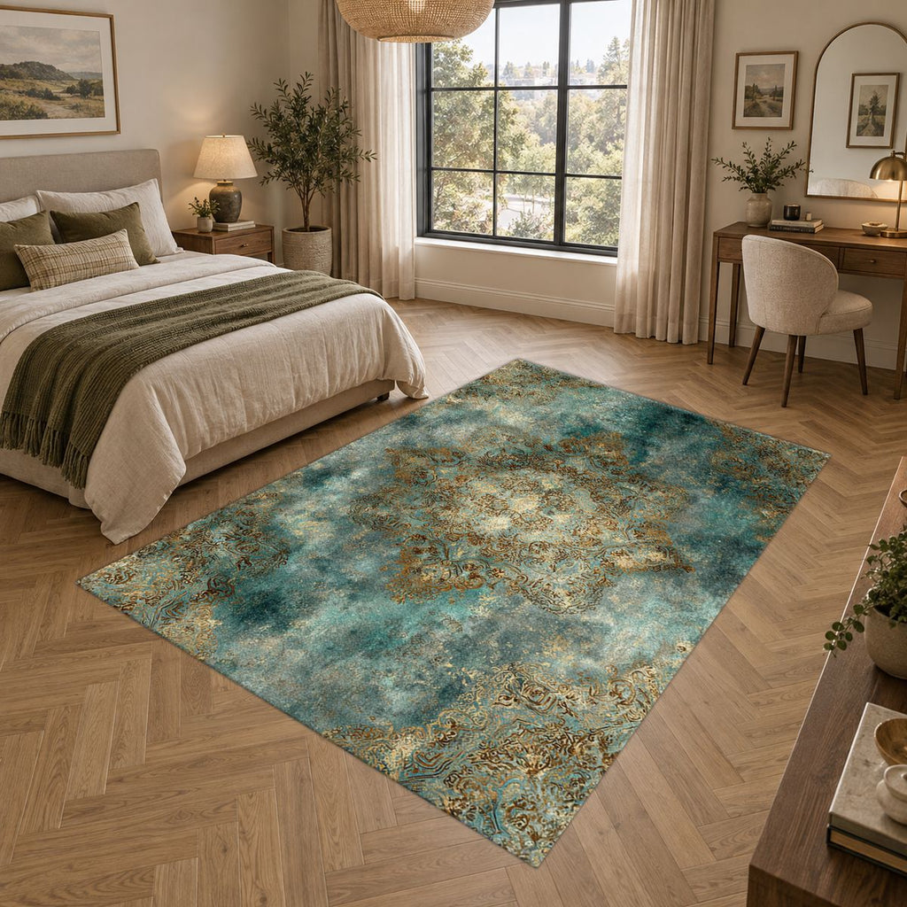 Teal and Gold Distressed Medallion printed area rug