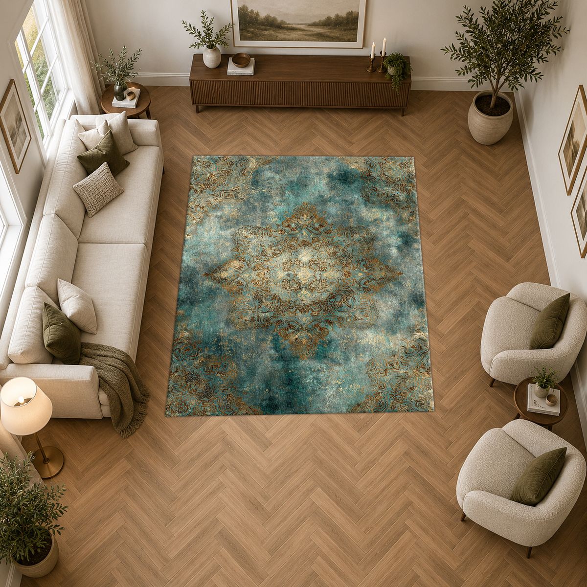 Teal and Gold Distressed Medallion printed area rug