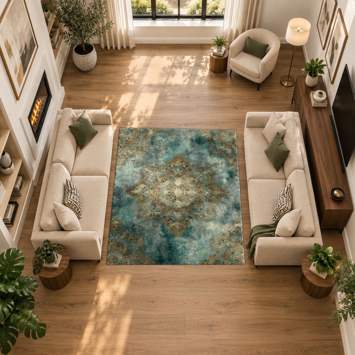 Teal and Gold Distressed Medallion printed area rug