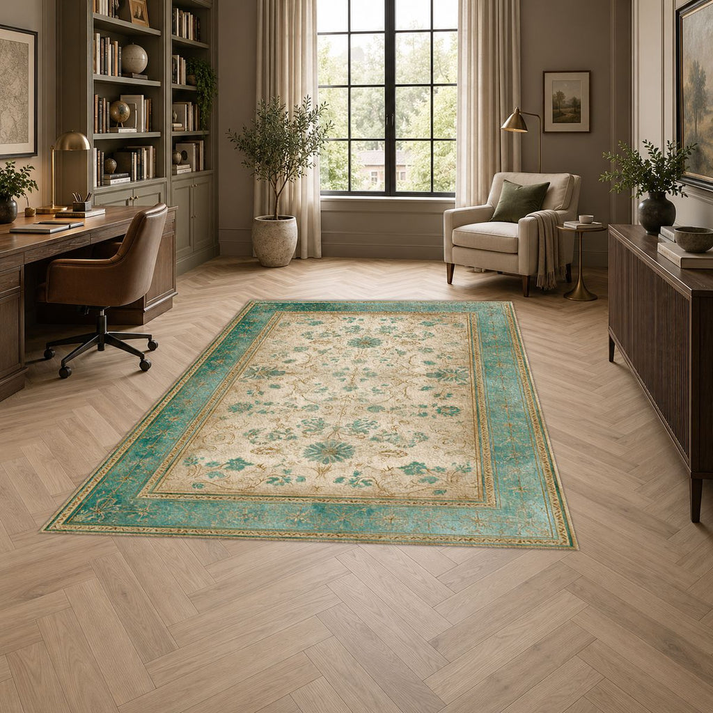 Sage and Cream Vintage Floral Oushak printed area rug