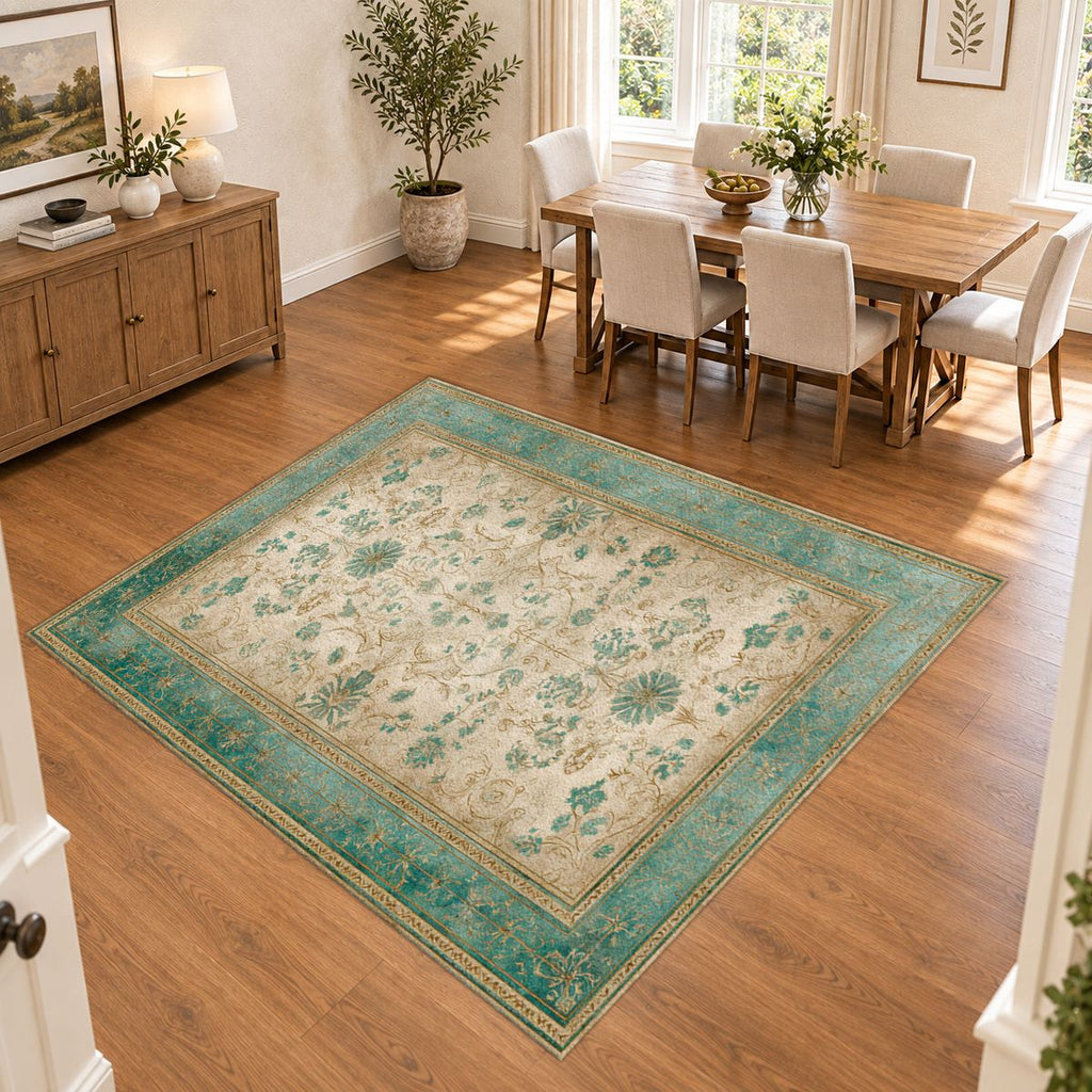 Sage and Cream Vintage Floral Oushak printed area rug