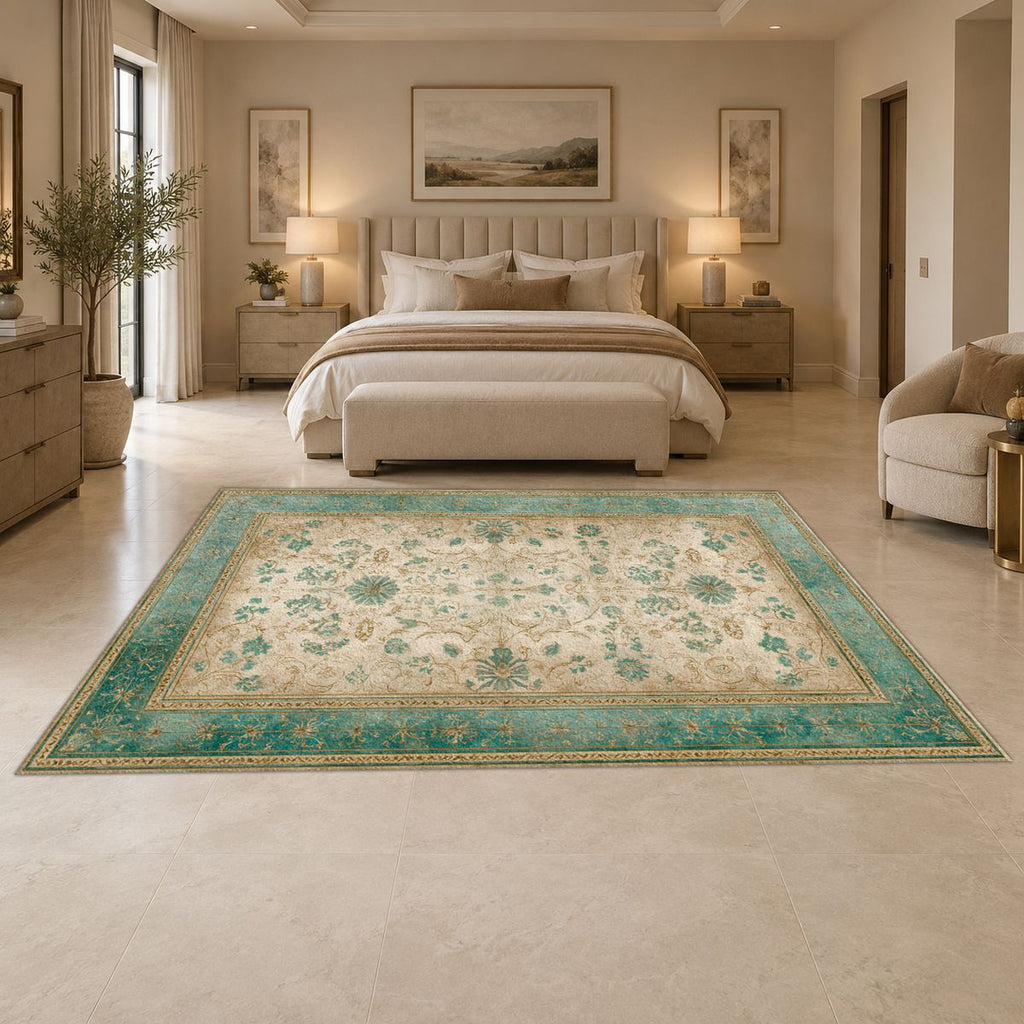 Sage and Cream Vintage Floral Oushak printed area rug