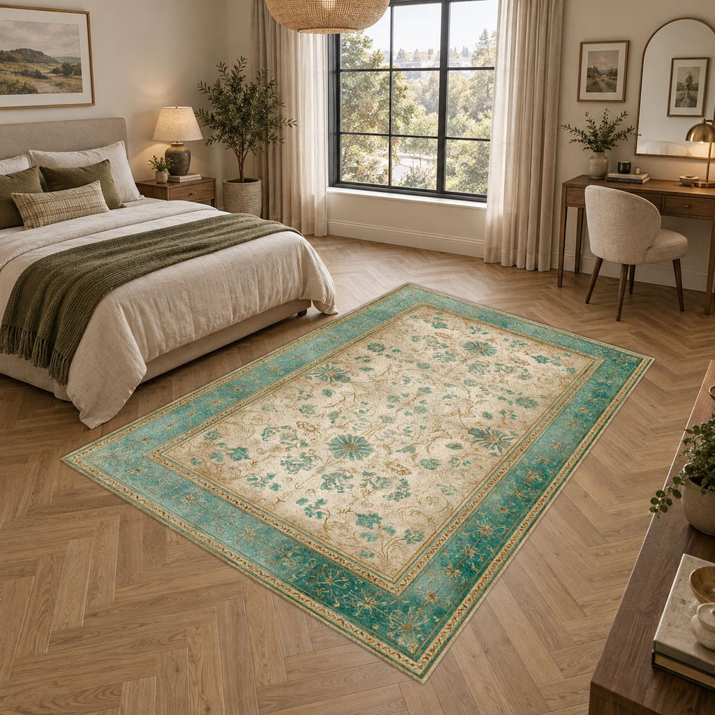 Sage and Cream Vintage Floral Oushak printed area rug