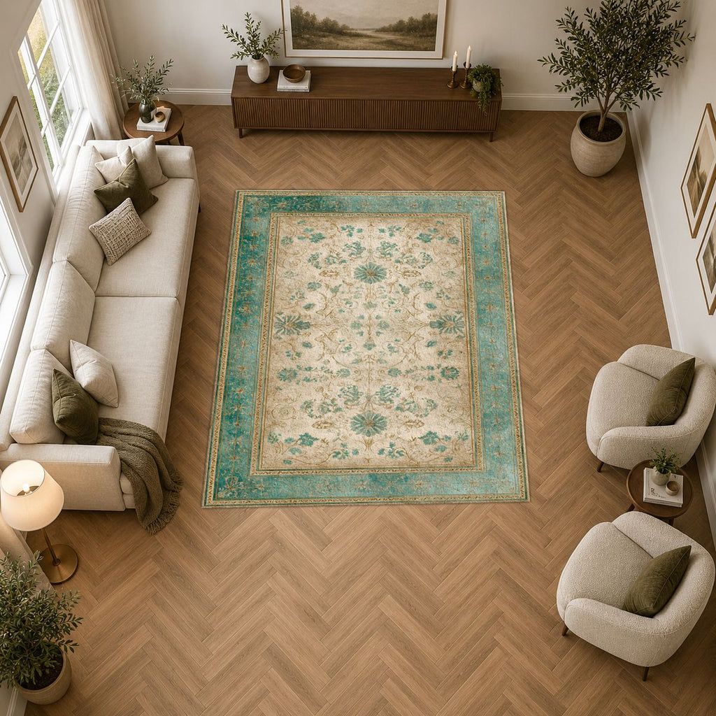 Sage and Cream Vintage Floral Oushak printed area rug