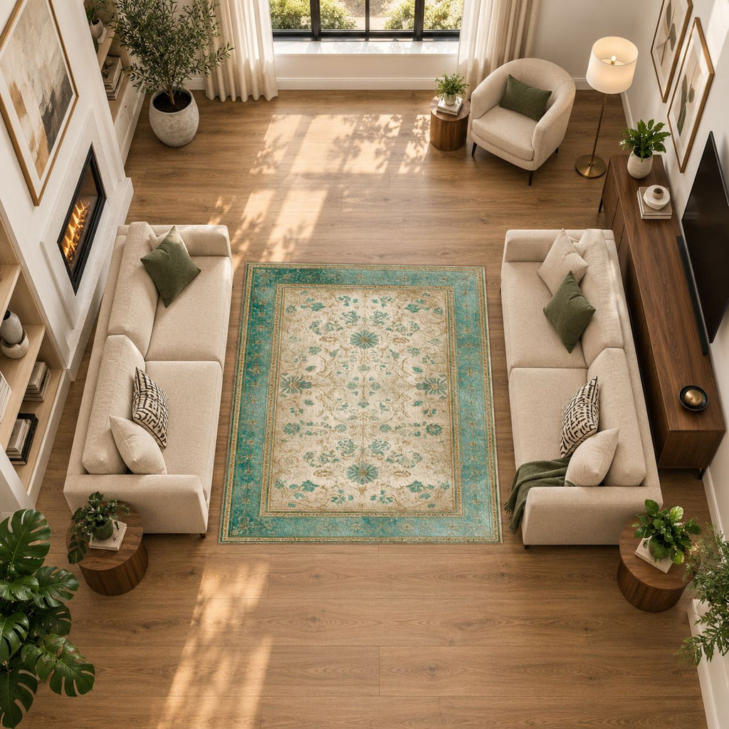 Sage and Cream Vintage Floral Oushak printed area rug