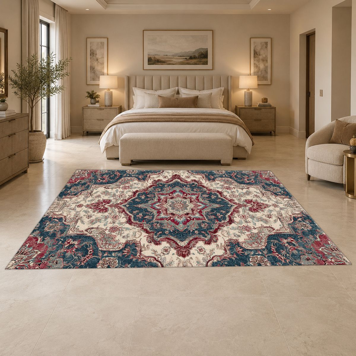Ivory and Navy Floral Persian Medallion printed area rug