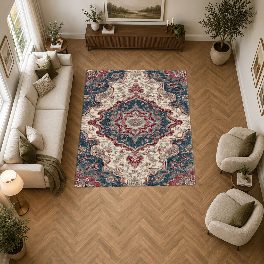 Ivory and Navy Floral Persian Medallion printed area rug