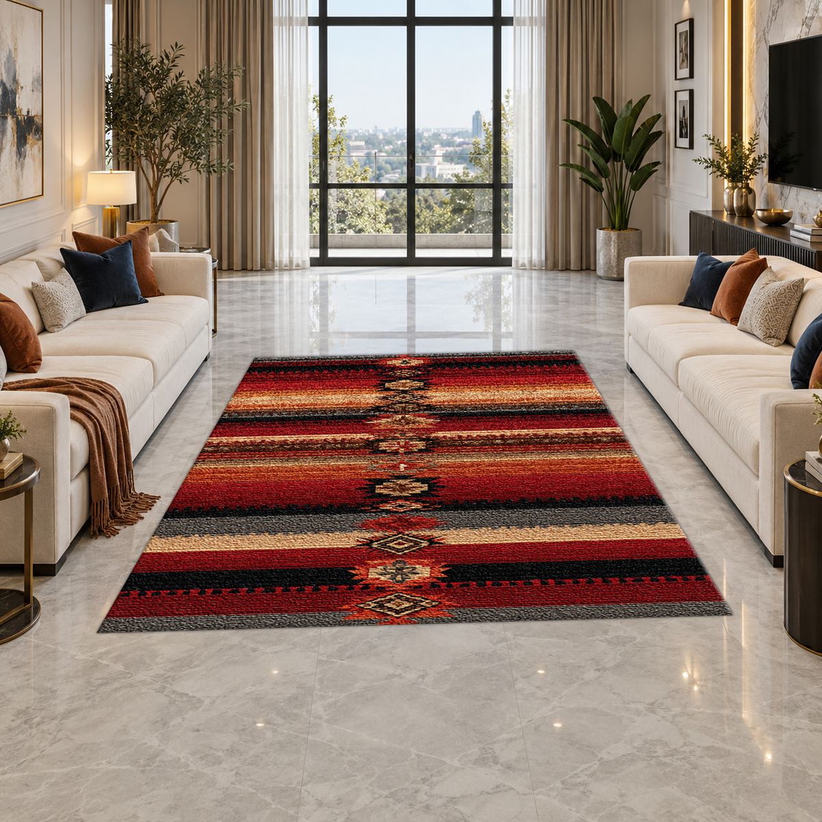 Red and Black Southwestern Striped printed area rug