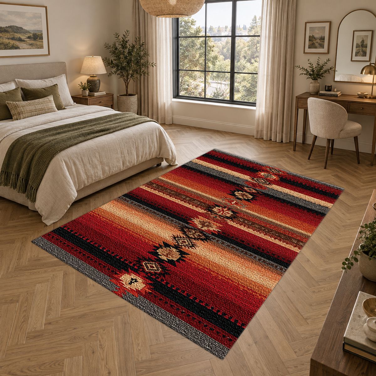 Red and Black Southwestern Striped printed area rug