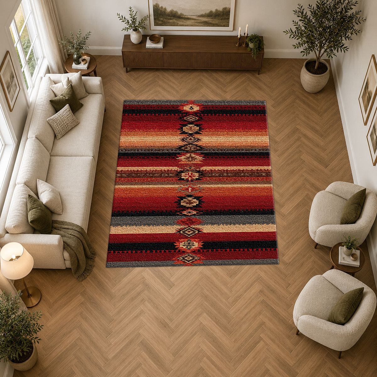 Red and Black Southwestern Striped printed area rug