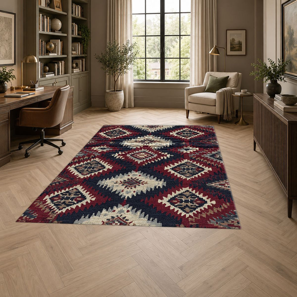 Red and Navy Tribal Diamond Kilim printed area rug