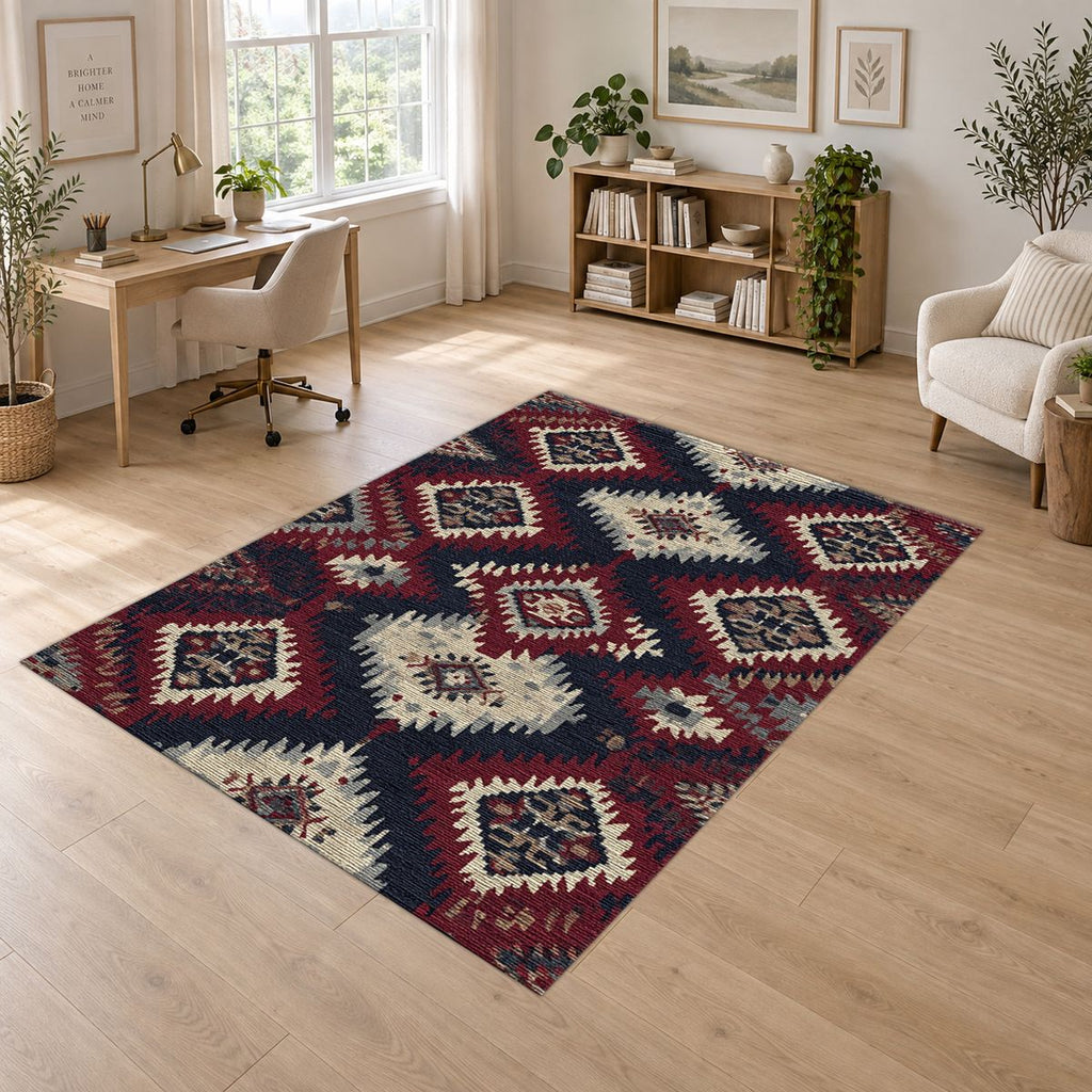 Red and Navy Tribal Diamond Kilim printed area rug