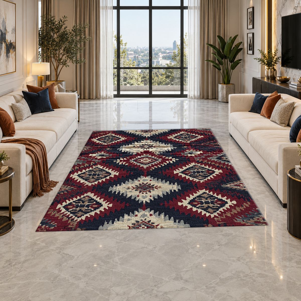 Red and Navy Tribal Diamond Kilim printed area rug