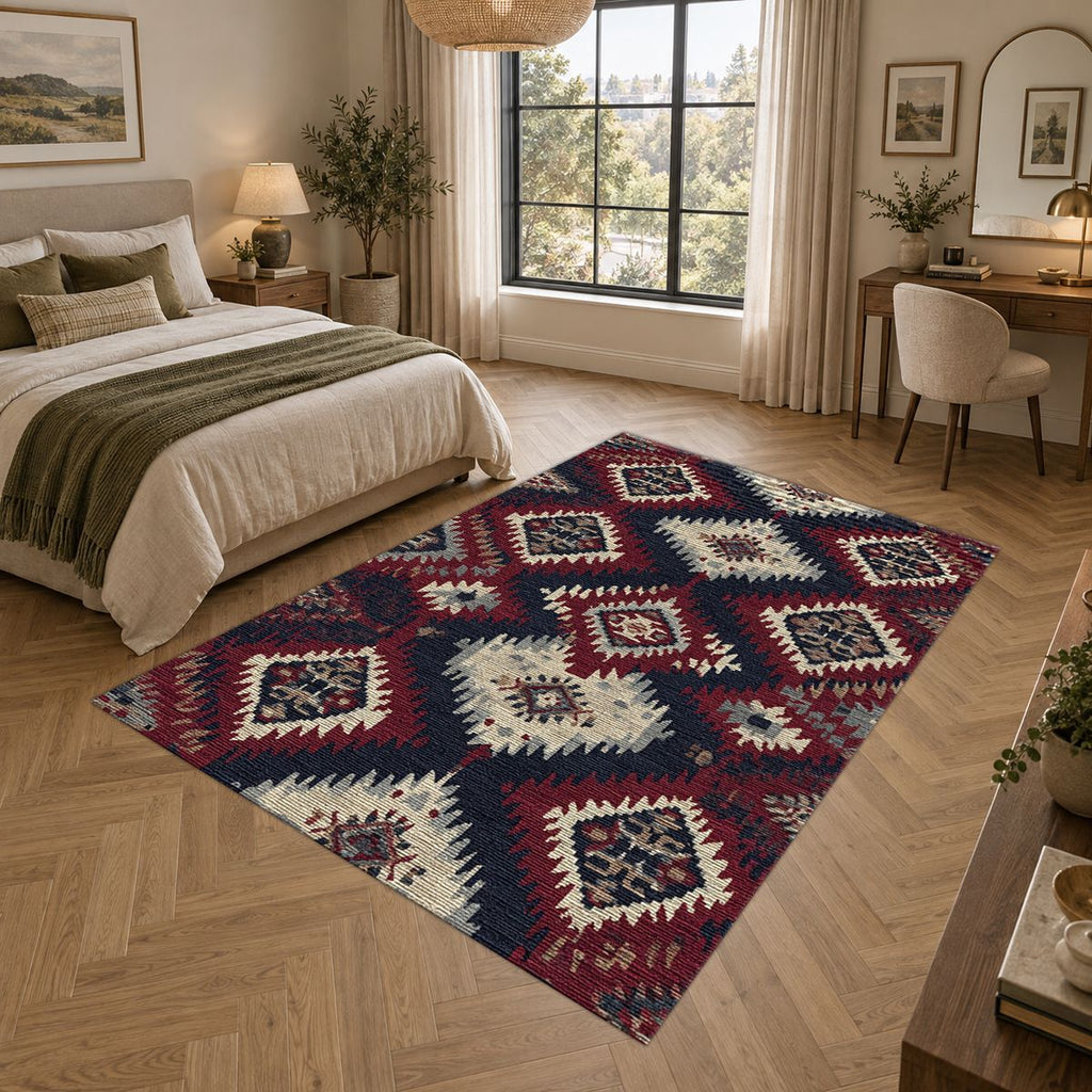 Red and Navy Tribal Diamond Kilim printed area rug