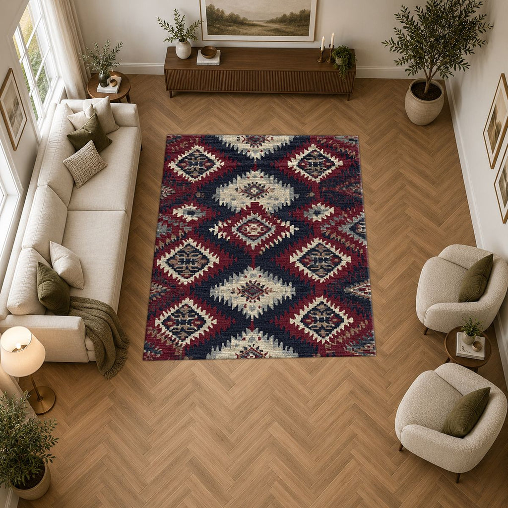 Red and Navy Tribal Diamond Kilim printed area rug