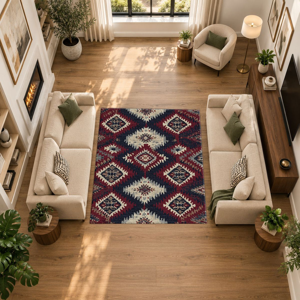 Red and Navy Tribal Diamond Kilim printed area rug