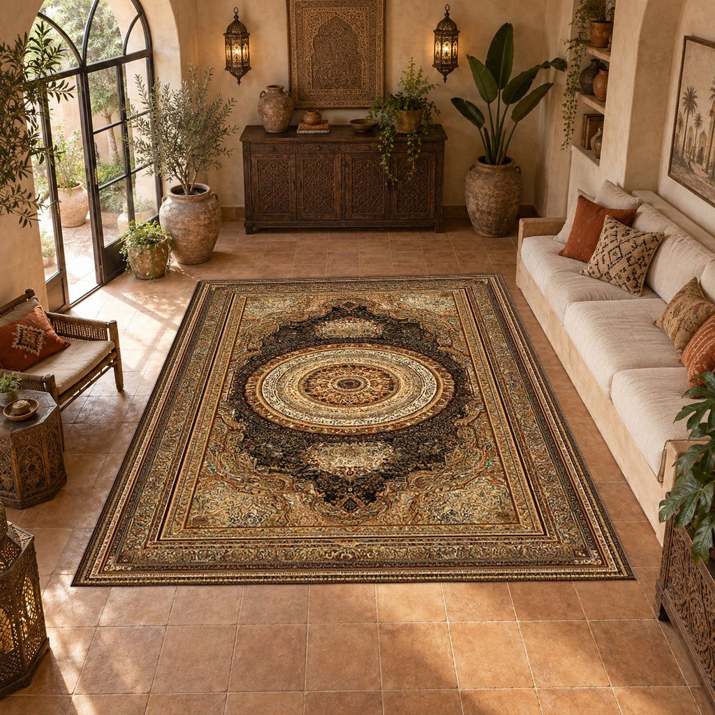Gold and Brown Classic Medallion printed area rug