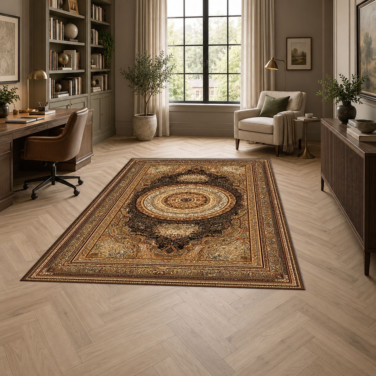 Gold and Brown Classic Medallion printed area rug