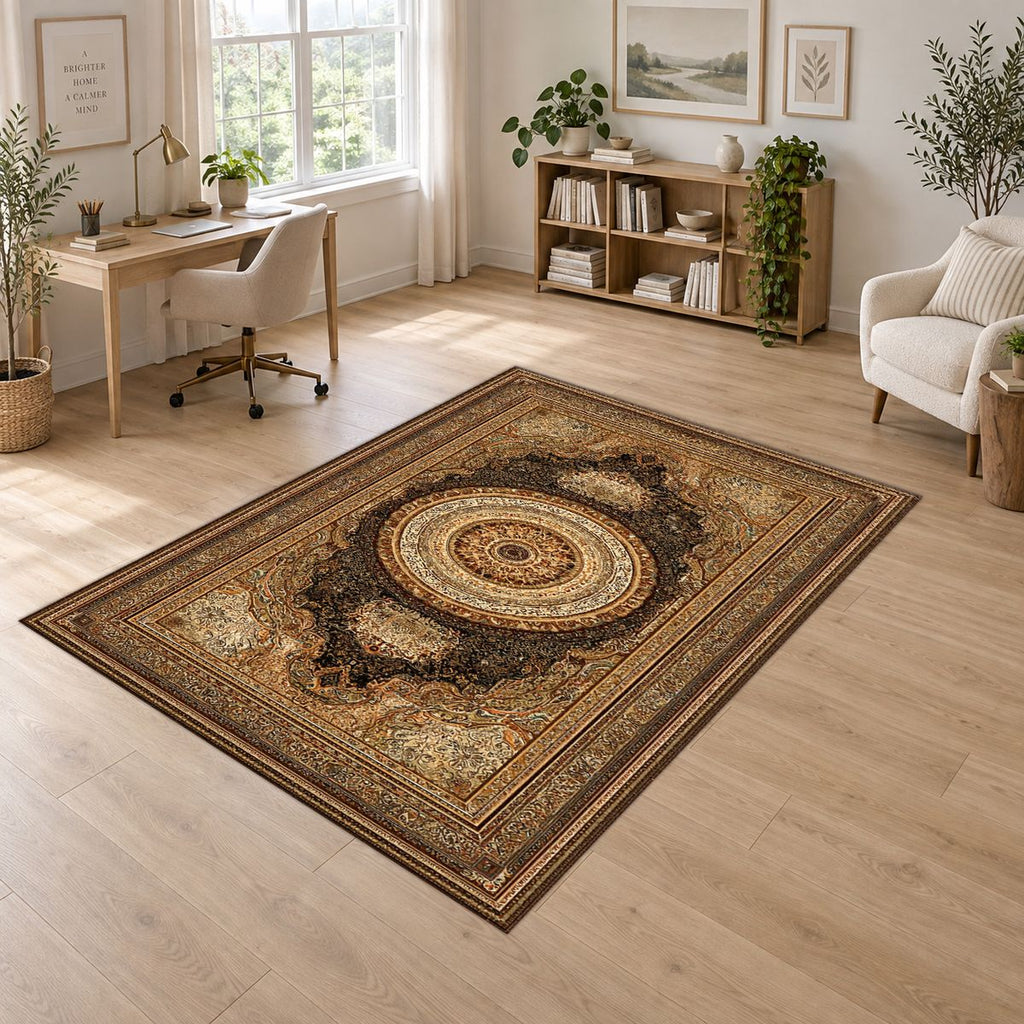 Gold and Brown Classic Medallion printed area rug