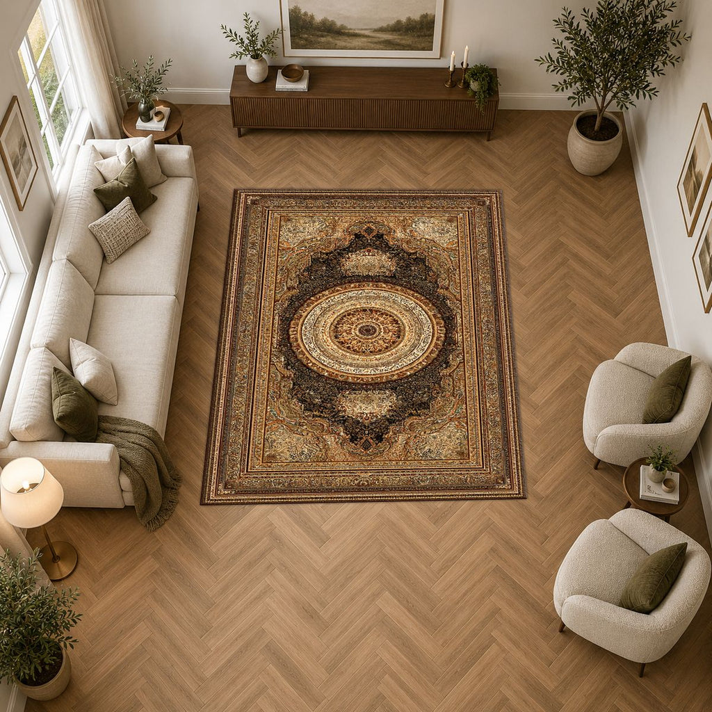Gold and Brown Classic Medallion printed area rug
