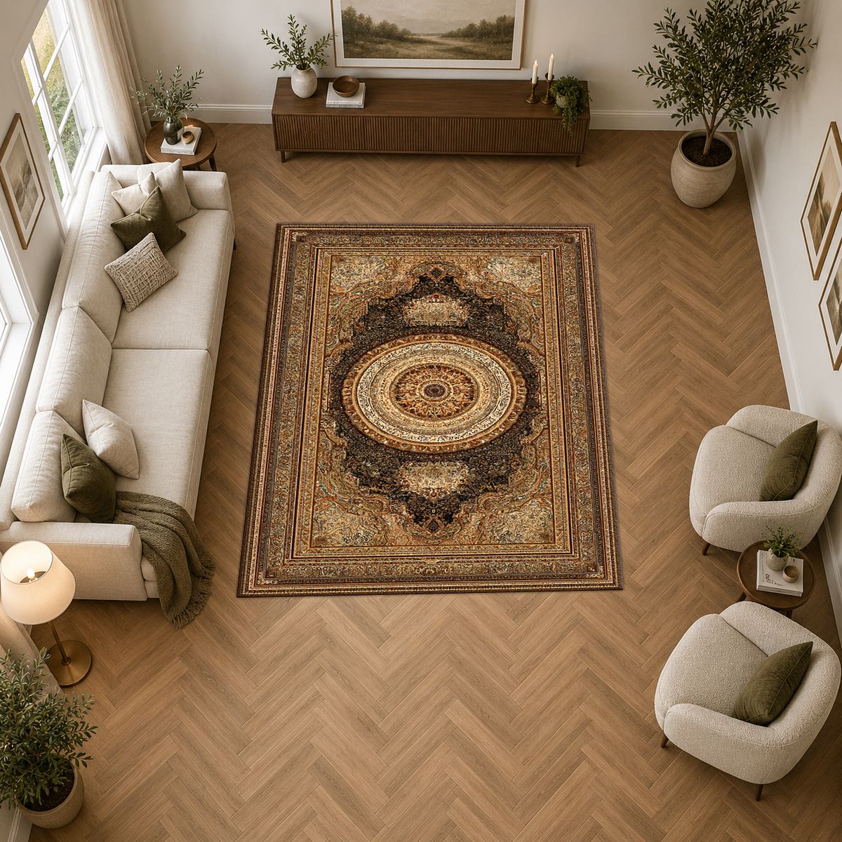 Gold and Brown Classic Medallion printed area rug