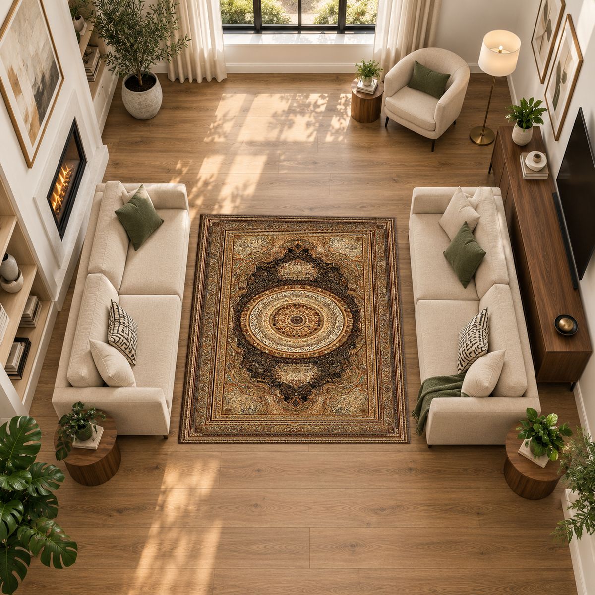 Gold and Brown Classic Medallion printed area rug