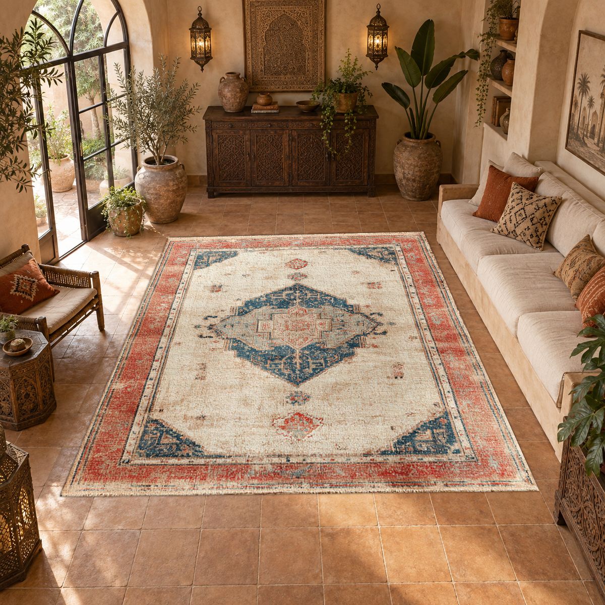 Faded Coral and Blue Vintage Distressed printed area rug