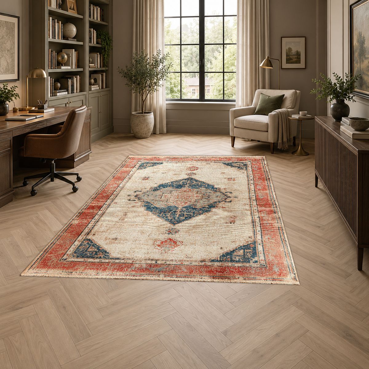 Faded Coral and Blue Vintage Distressed printed area rug