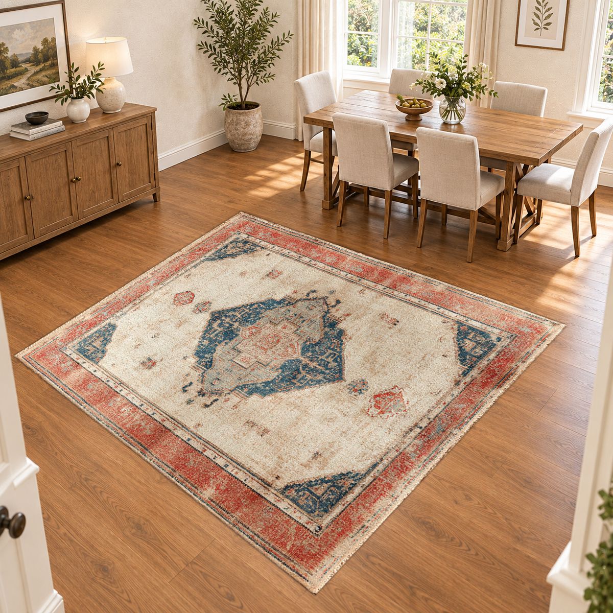 Faded Coral and Blue Vintage Distressed printed area rug