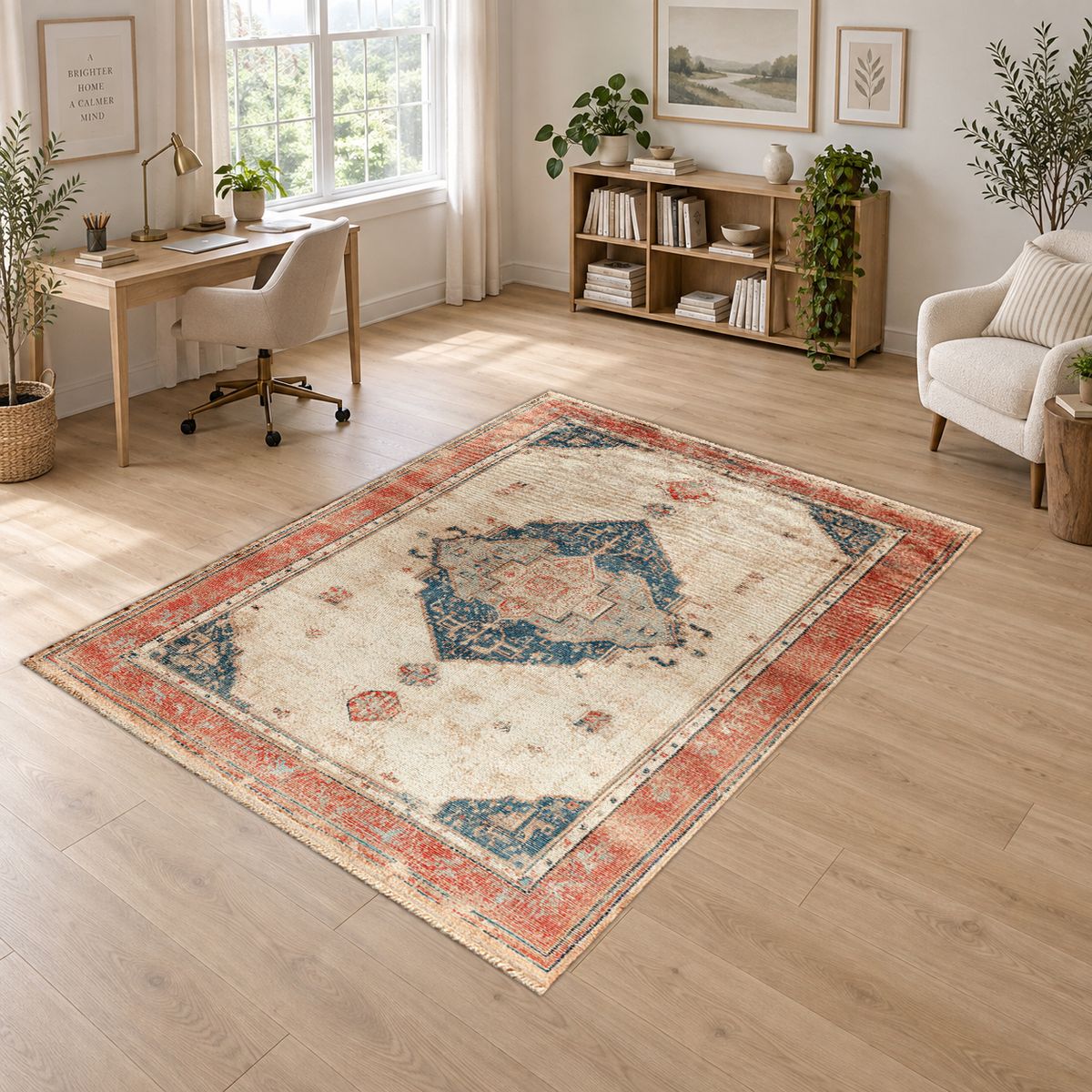 Faded Coral and Blue Vintage Distressed printed area rug