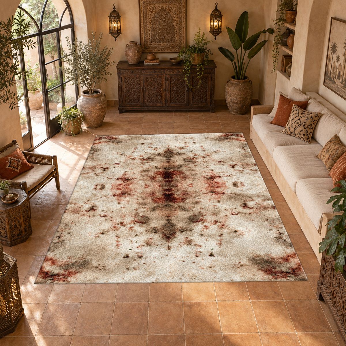 Ivory and Rust Abstract Distressed printed area rug